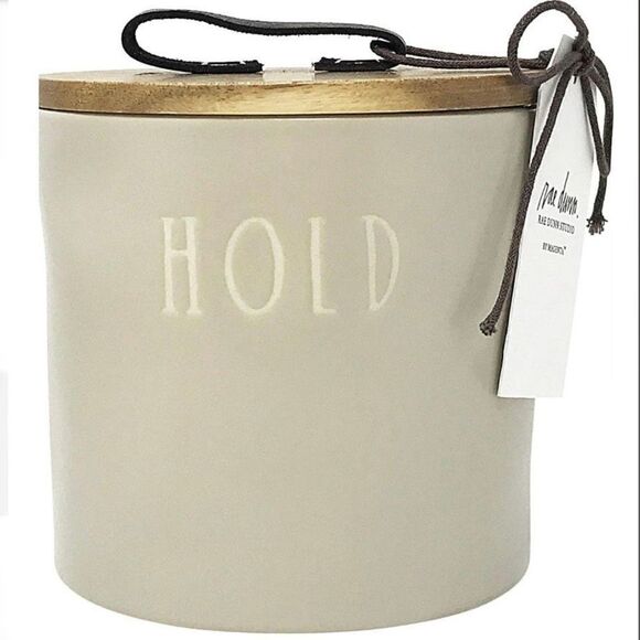 NWT Rae Dunn Beige “HOLD” Ceramic Canister Cellar with wood lid & leather handle - Picture 4 of 11